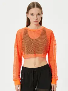 Koton Self Design Cuffed Sleeves Sheer Crop Top