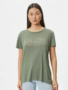 Koton Typography Printed Round Neck Drop-Shoulder Sleeves Embellished T-shirt