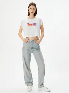 Koton Typography Printed Extended Sleeves Crop T-shirt