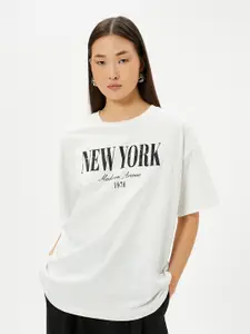 Koton Typography Printed Drop-Shoulder Pure Cotton T-shirt