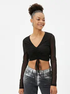 Koton V-Neck Long Sleeves Waist Tie-Ups Ruched Fitted Crop Top