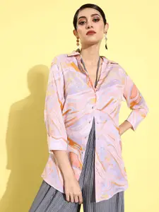 ANVI Be Yourself Classic Abstract Printed Spread Collar Longline Satin Casual Shirt