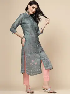 Sangria Grey Floral Printed Mandarin Collar Straight Kurta