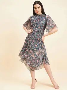 Gipsy High Neck Floral Print Short Flared Sleeve Georgette A-Line Midi Dress