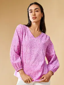 Global Desi Ethnic Motifs Print V-Neck Puff Sleeves Top