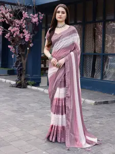 Satrani Purple & White Striped Printed Saree