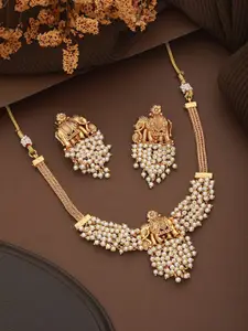 Saraf RS Jewellery Gold-Plated Elephant Motif Beads Beaded Temple Necklace With Earrings