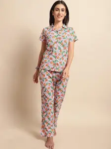 Dressitude Floral Printed Shirt Collar Pure Cotton Night suit