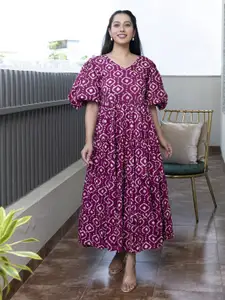 Aaheli Floral Printed V-Neck Flared Sleeve Knee Length Cotton Maternity Fit & Flare Dress