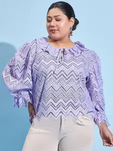 Athena Ample Plus Size Self Design Tie-Up Neck Lace Top