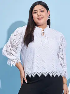 Athena Ample Plus Size Self Design Tie-Up Neck Lace Top