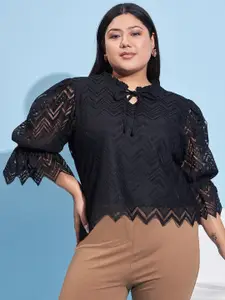 Athena Ample Self Design Puff Sleeves Tie-Up Neck Lace Top