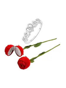 Vighnaharta Rhodium-Plated CZ-Studded Finger Ring With Rose Box