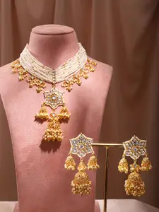 Rubans Gold-Plated Kundan-Studded & Beaded Necklace And Earrings