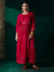 Juniper Round Neck Long Sleeves Ethnic Motifs Maxi Dress