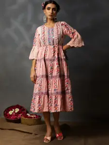 Juniper Round Neck Bell Sleeves Ethnic Motifs Print A-Line Midi Dress