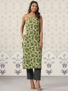 Ode by House of Pataudi Floral Printed Sleeveless Cotton Straight Kurta