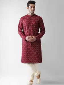KISAH Mandarin Collar Long Sleeves Floral Printed Straight Kurta with Churidar