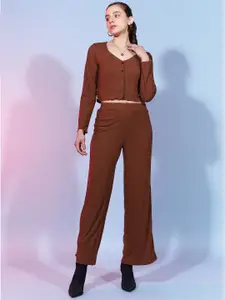 DressBerry Brown Sweetheart Neck Ribbed Top & Trouser Co-Ord Set