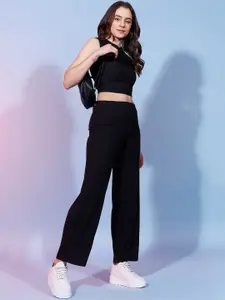 DressBerry Black Ribbed Round Neck Crop Top & Trouser