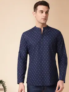 Anouk Blue Geometric Printed Mandarin Collar Long Sleeves Cotton Straight Kurta