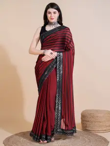 Saree mall Maroon Striped Sequinned Embellished Pure Georgette Saree