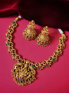 Pihtara Jewels Gold-Plated Stones-Studded & Beaded Necklace And Earrings