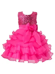 BAESD Round Neck Self Design Flared Belted Satin Maxi Dress