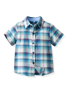 INCLUD Boys Spread Collar Short Sleeves Classic Tartan Checks Cotton Casual Shirt