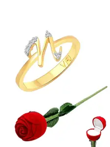 Vighnaharta Gold-Plated CZ-Studded & Alphabet N Details Finger Ring With Rose Box