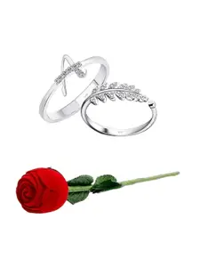 Vighnaharta Set Of 2 Rhodium-Plated CZ-Studded Finger Rings With Rose Box