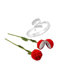 Vighnaharta Rhodium-Plated CZ-Studded & Alphabet R Details Finger Ring With Rose Box
