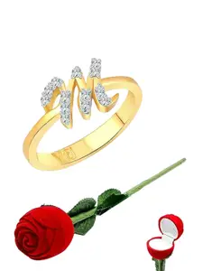 Vighnaharta Gold-Plated CZ-Studded & Alphabet M Details Finger Ring With Rose Box