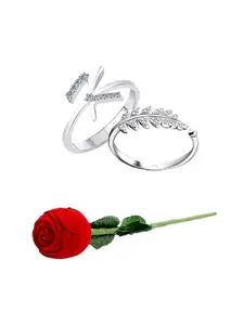 Vighnaharta Set Of 2 Rhodium-Plated CZ-Studded Finger Rings With Rose Box