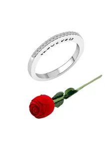 Vighnaharta Rhodium-Plated Cubic Zirconia Studded Finger Ring With Rose Box