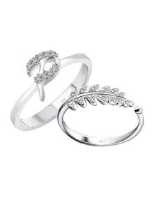 Vighnaharta Set Of 2 Rhodium-Plated Cubic Zirconia Studded Finger Ring With Rose Box
