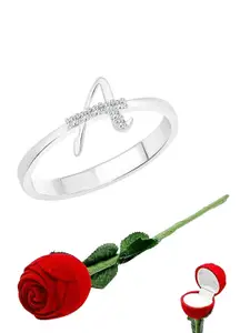 Vighnaharta Set Of 2  Rhodium-Plated CZ-Studded Finger Ring With Rose Box