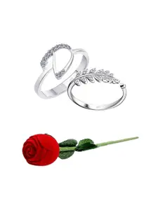 Vighnaharta Set Of 3 Rhodium-Plated CZ-Studded Finger Ring With Rose Box