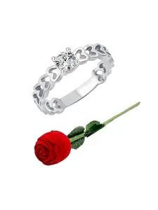 Vighnaharta Rhodium-Plated Cubic Zirconia Studded Finger Ring With Rose Box