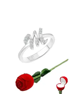 Vighnaharta Set Of 2 Rhodium-Plated CZ-Studded Finger Ring With Rose Box
