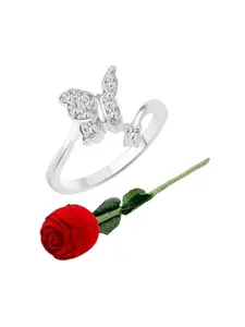 Vighnaharta Rhodium-Plated CZ-Studded Finger Ring With Rose Box