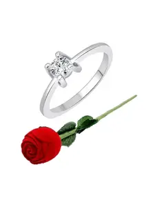 Vighnaharta Rhodium-Plated CZ-Studded Finger Ring With Rose Box