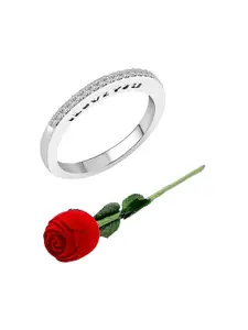 Vighnaharta Set Of 2 Rhodium-Plated CZ-Studded Finger Ring With Rose Box