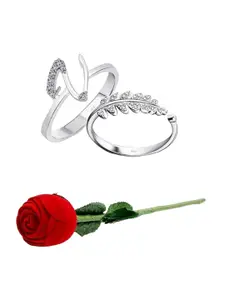 Vighnaharta Set Of 2 Rhodium-Plated  Cubic Zirconia Studded Finger Rings With Rose Box