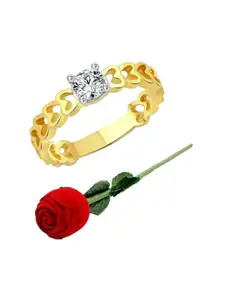 Vighnaharta Set Of 2 Gold-Plated CZ-Studded Finger Ring With Rose Box