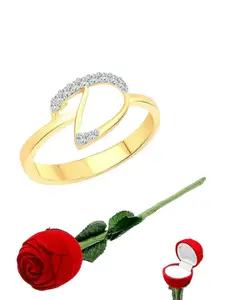 Vighnaharta Set Of 2 Gold-Plated CZ-Studded & Alphabet D Details Finger Ring With Rose Box
