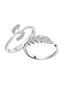 Vighnaharta Set Of 2 Rhodium-Plated Cubic Zirconia-Studded Finger Ring With Rose Box