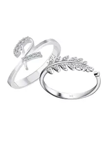Vighnaharta Set Of 2 Rhodium-Plated CZ-Studded Finger Ring With Rose Box