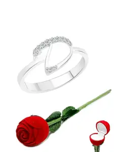 Vighnaharta Rhodium-Plated Cubic Zirconia Studded Finger Ring With Rose Box