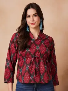 InWeave Abstract Printed Shwal Neck Cotton Three-Quarter Sleeves Empire Top
